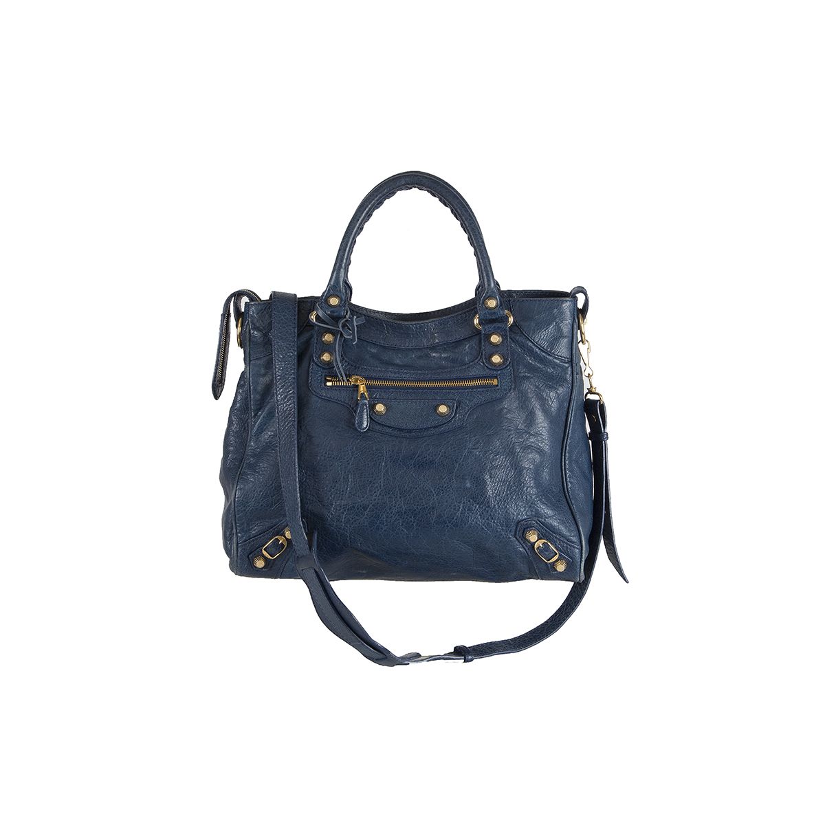 BALENCIAGA Velo Blue Distressed Lambskin Leather Handbag