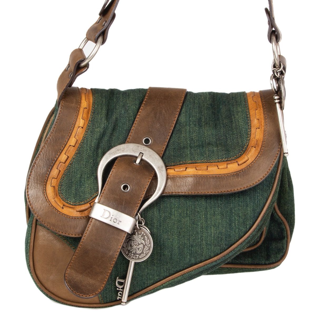 Christian Dior Green Denim Olive Leather Gaucho Medium Saddle Bag
