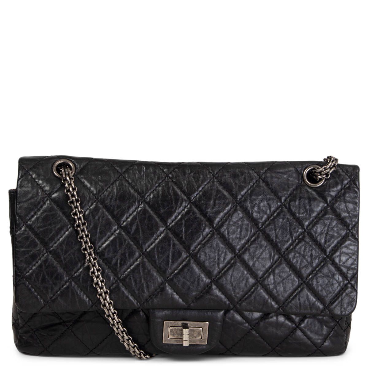 Chanel 2.55 Maxi Shoulder Bag Black Aged Calfskin Leather Double Flap