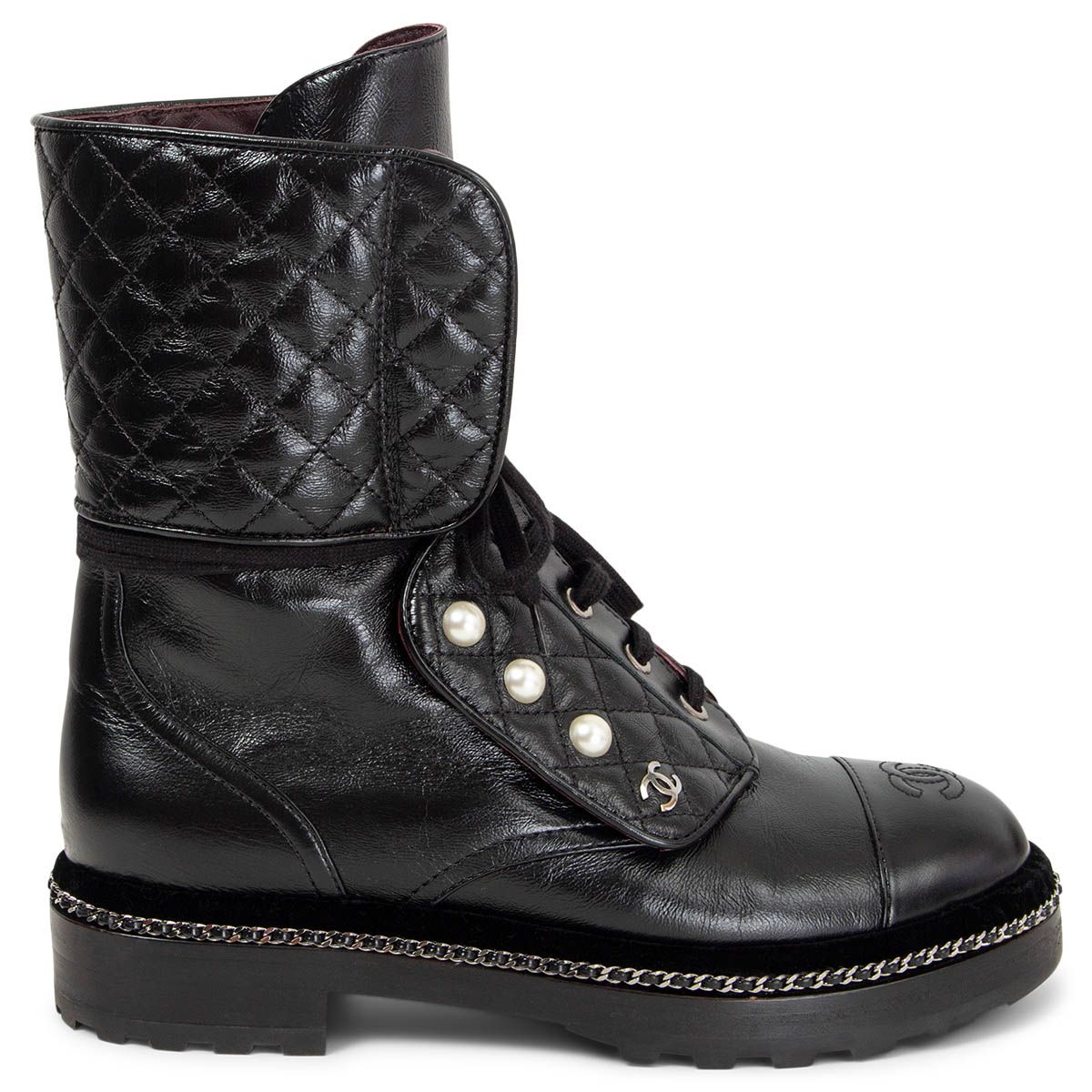 Chanel 2017 Citizen Pearl Combat Boots 38.5C Black Leather 17B