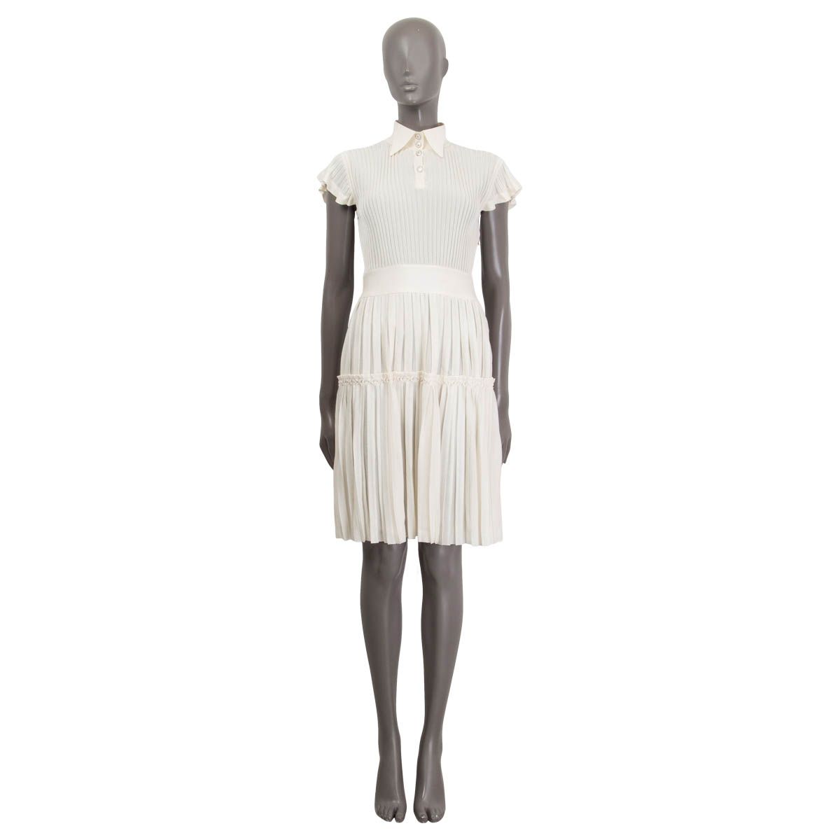 Chanel 2018 Pleated Short Sleeve Knit Dress Beige Viscose Silk 18B