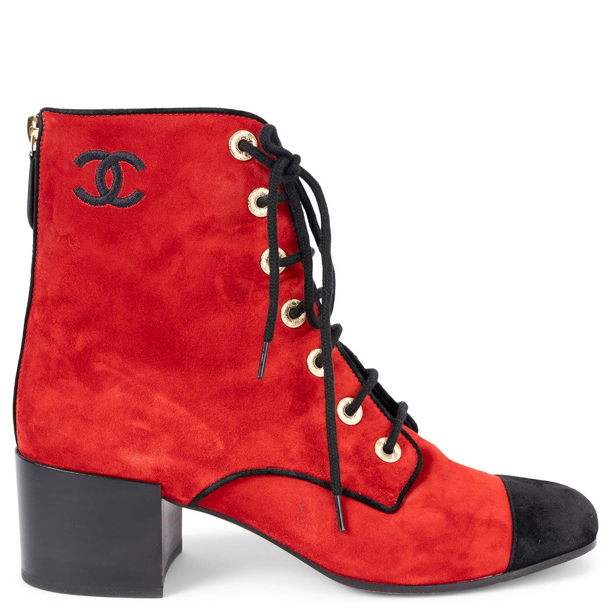 Chanel 2019 Block Heel Lace-Up Suede Boots Red 39 19K G35174