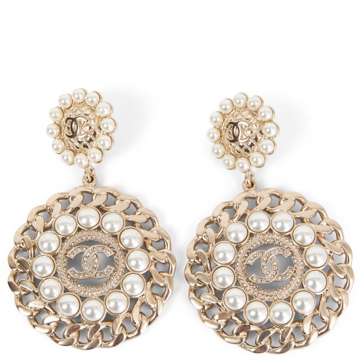 Chanel 2020 20S CC Pearl & Crystal Embellished Drop Earrings