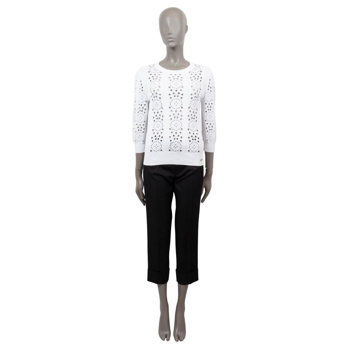 Chanel 2020 20P Broderie Anglaise 3/4 Sleeve Sweater White Cotton P62984