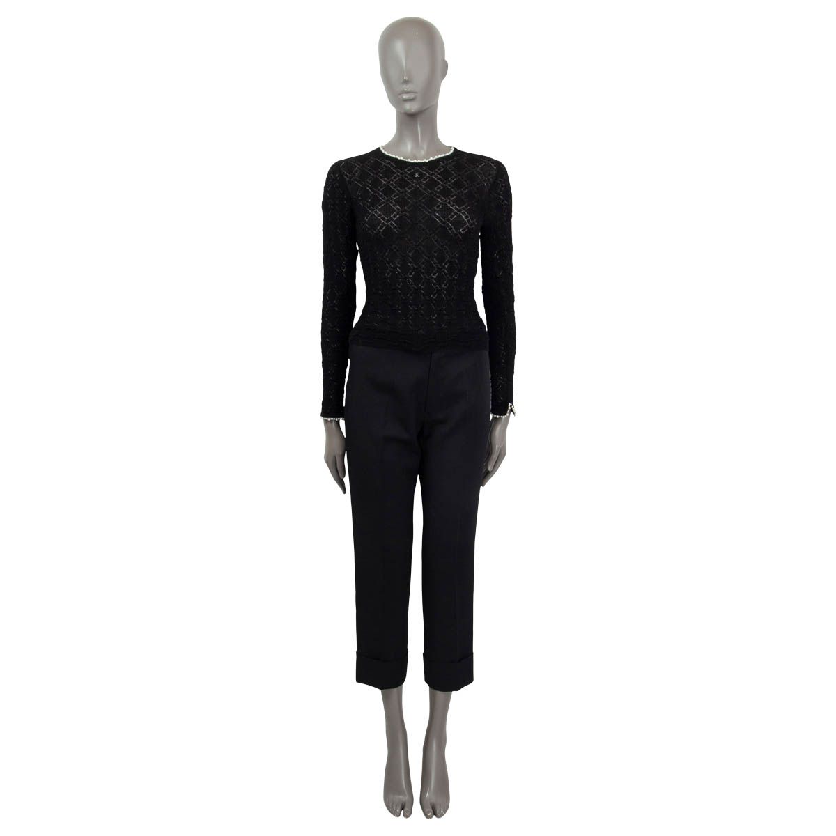 Chanel 2022 22B Semi Sheer Pearl Trim Wool Long Sleeve Shirt Black