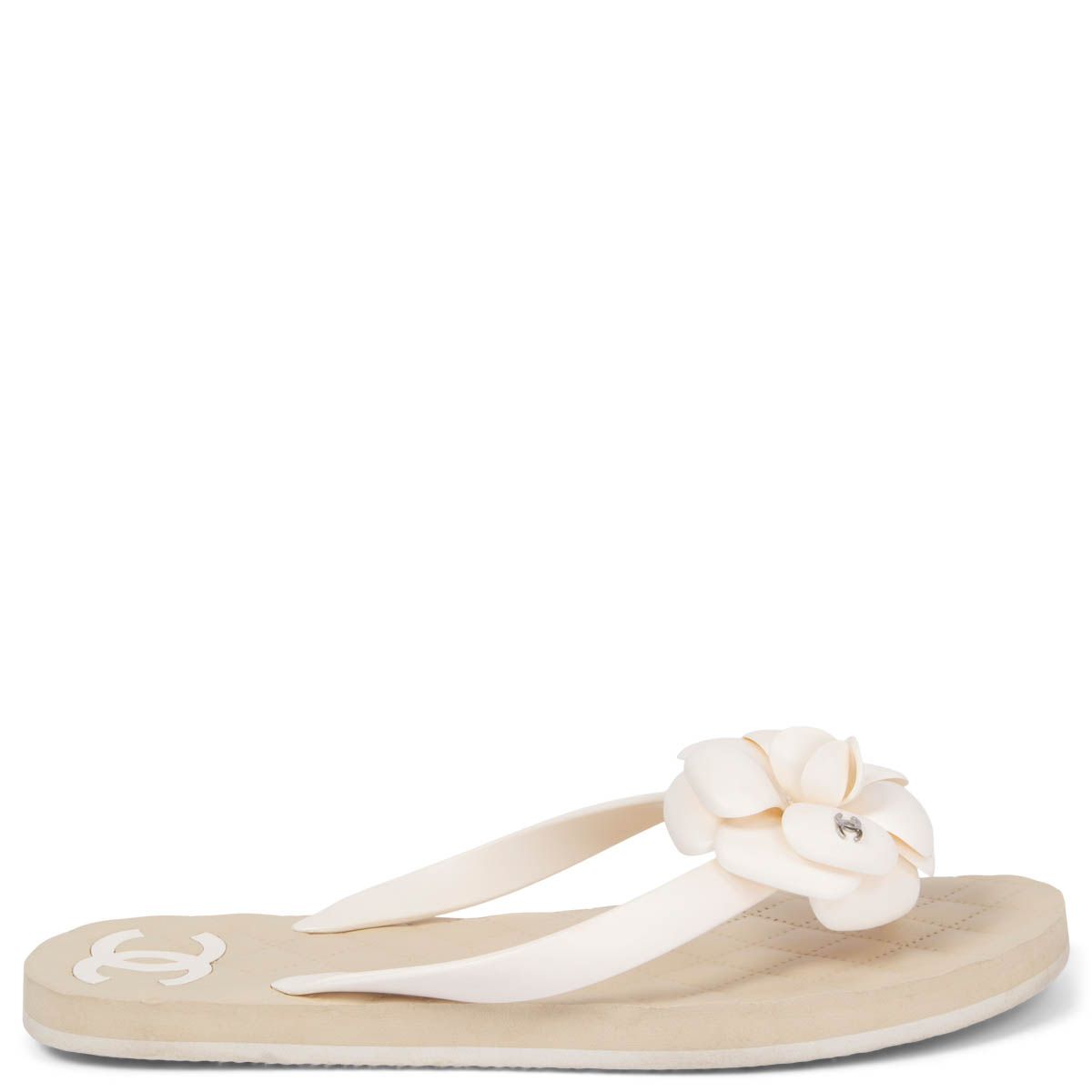 Chanel Camellia Rubber Thong Sandals Ivory Sand 38