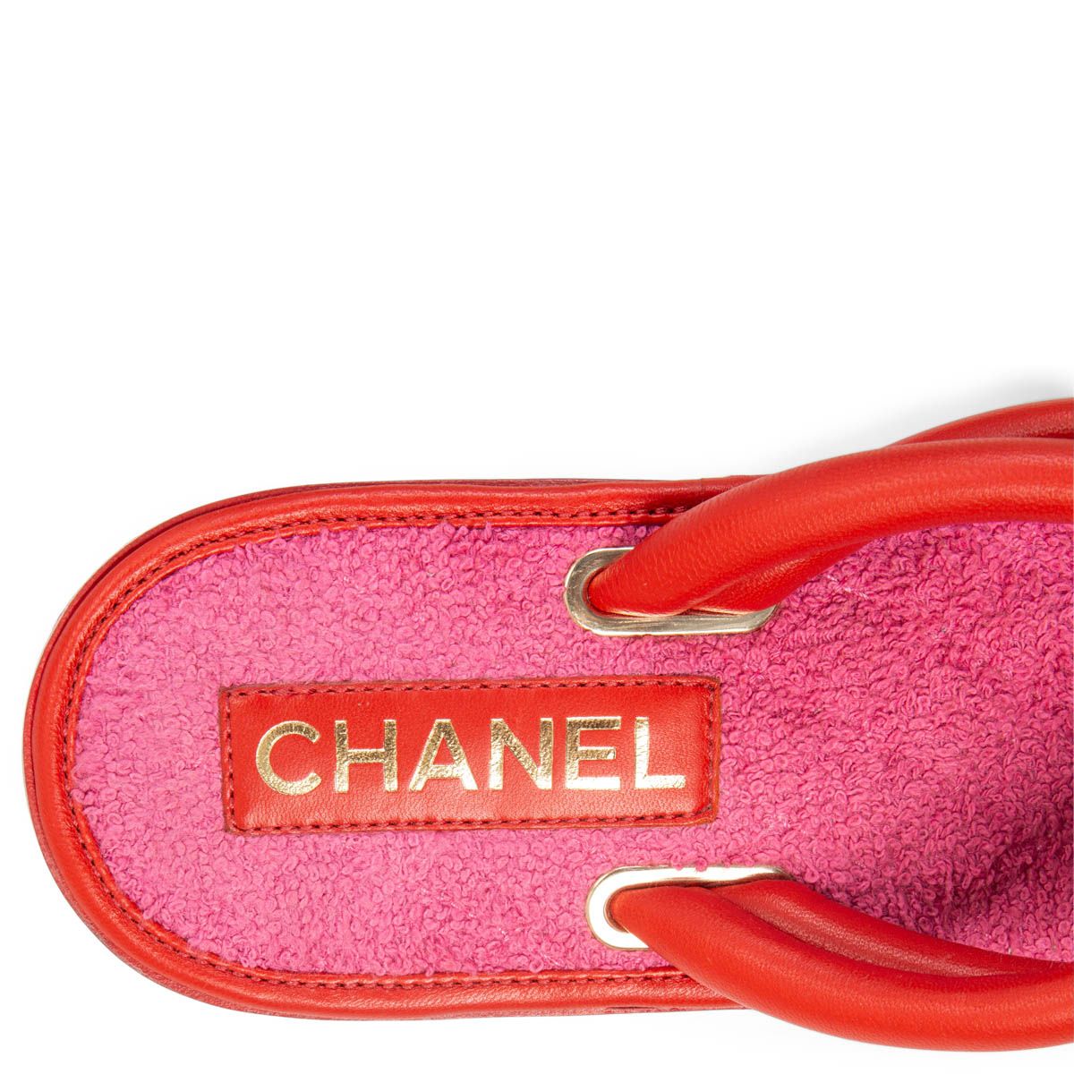 Chanel CC Thong Sandals Red Leather Pink Terry Cloth 38.5C