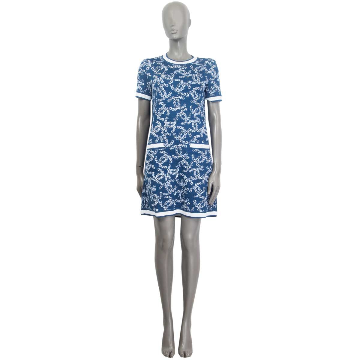 Chanel Knitted Short Sleeve Dress Denim Blue White