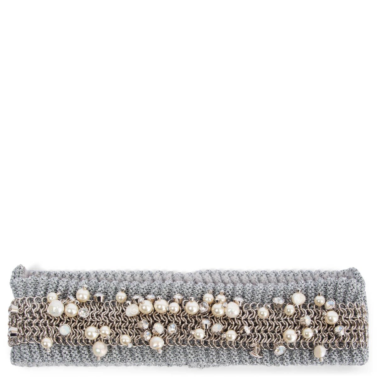 Authentic Chanel Pearl & Crystal Embellished Metallic Headband Grey