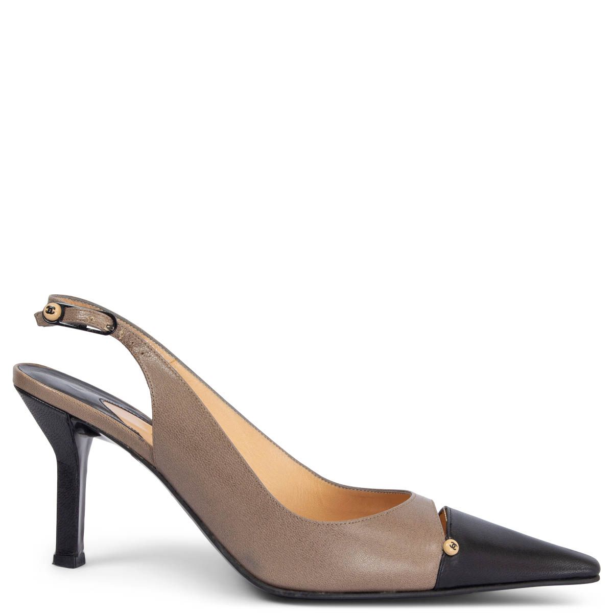 Chanel Pointed Toe Slingbacks Pumps Taupe Black 36
