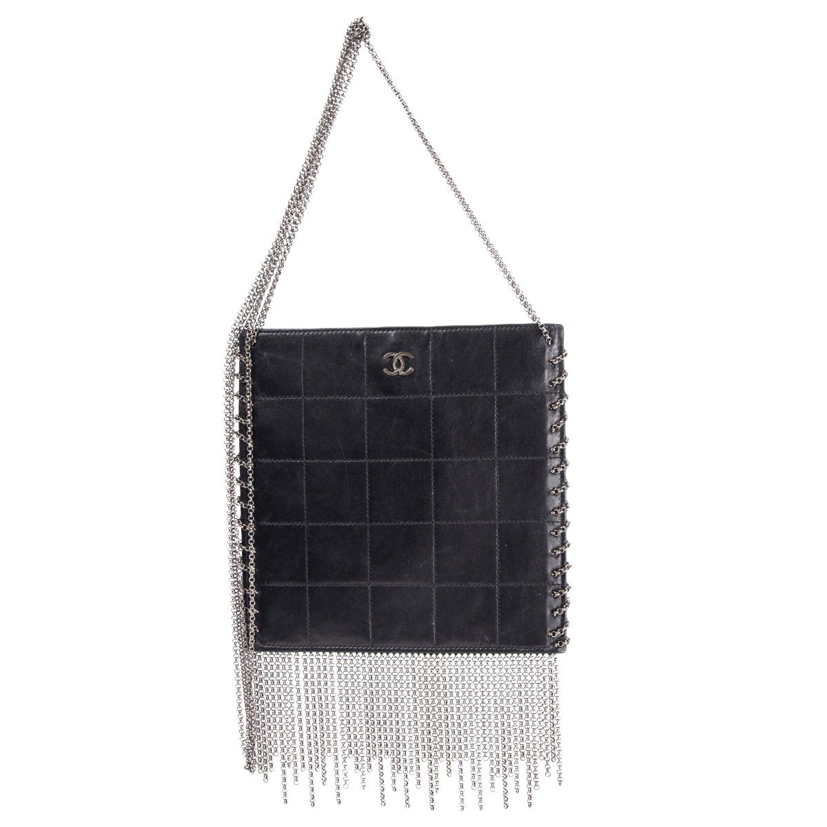 Chanel Quilted Chain Fringe Square Shoulder Bag Black Leather