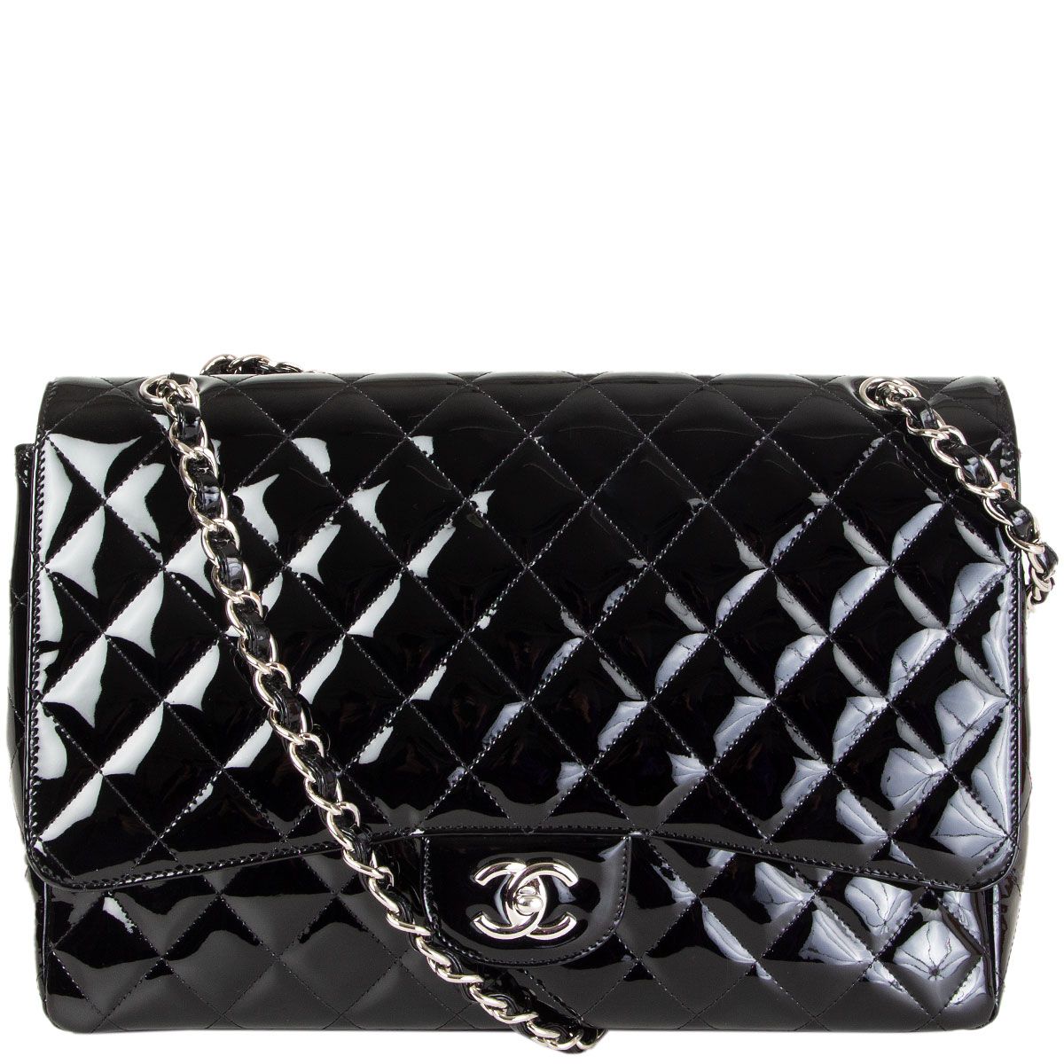 Chanel Single Flap Maxi Classic Shoulder Bag Black Quilted Patent