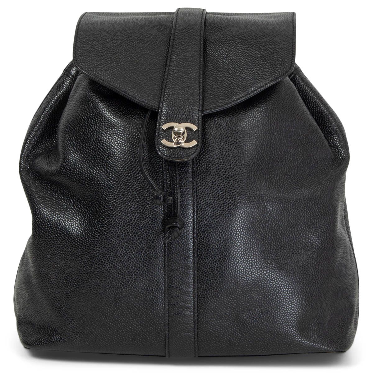 Chanel CC Turnlock Drawstring Backpack Black Caviar Leather Vintage