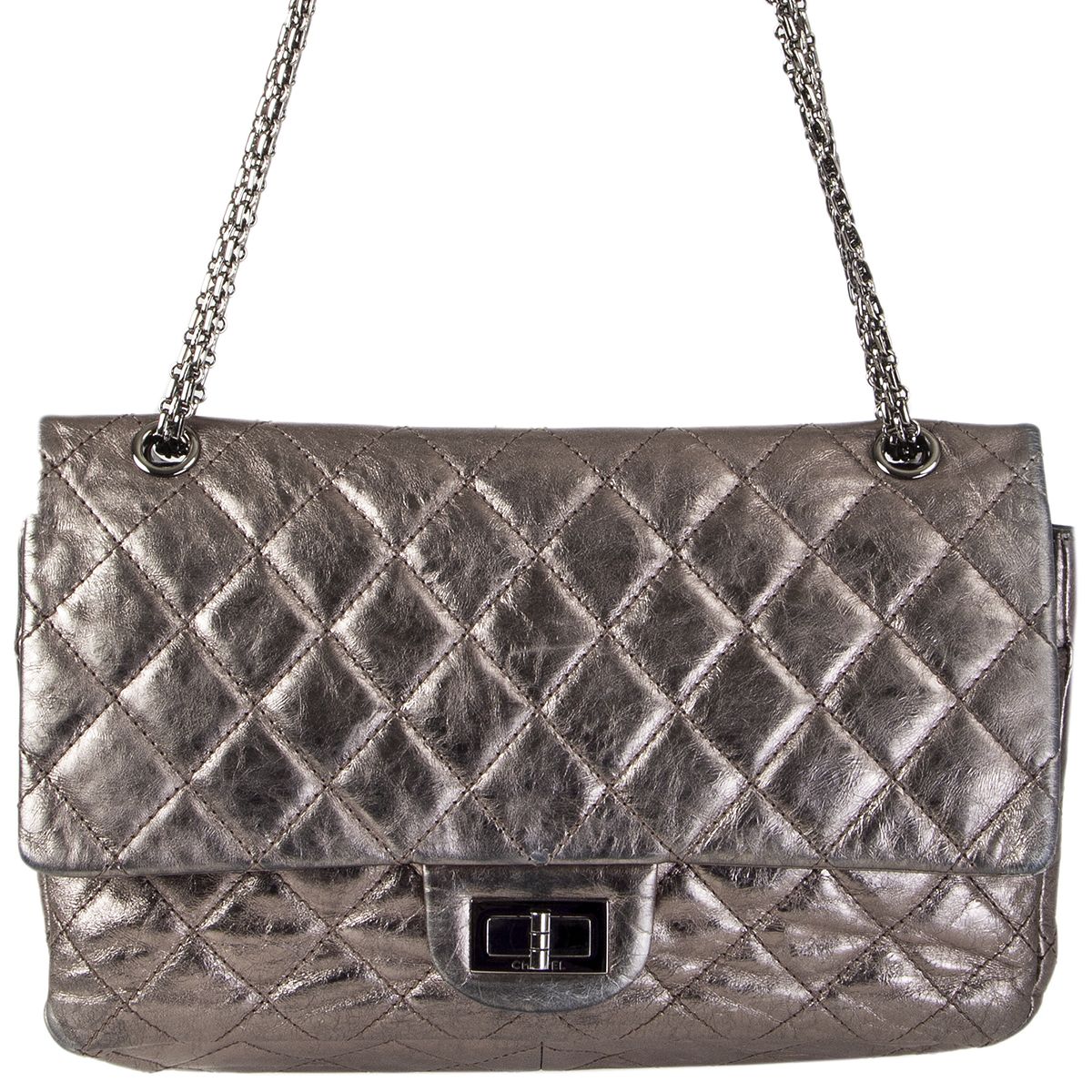 Chanel '2.55 Reissue 227' Double Flap Bag in Metallic Dark Silver Leather