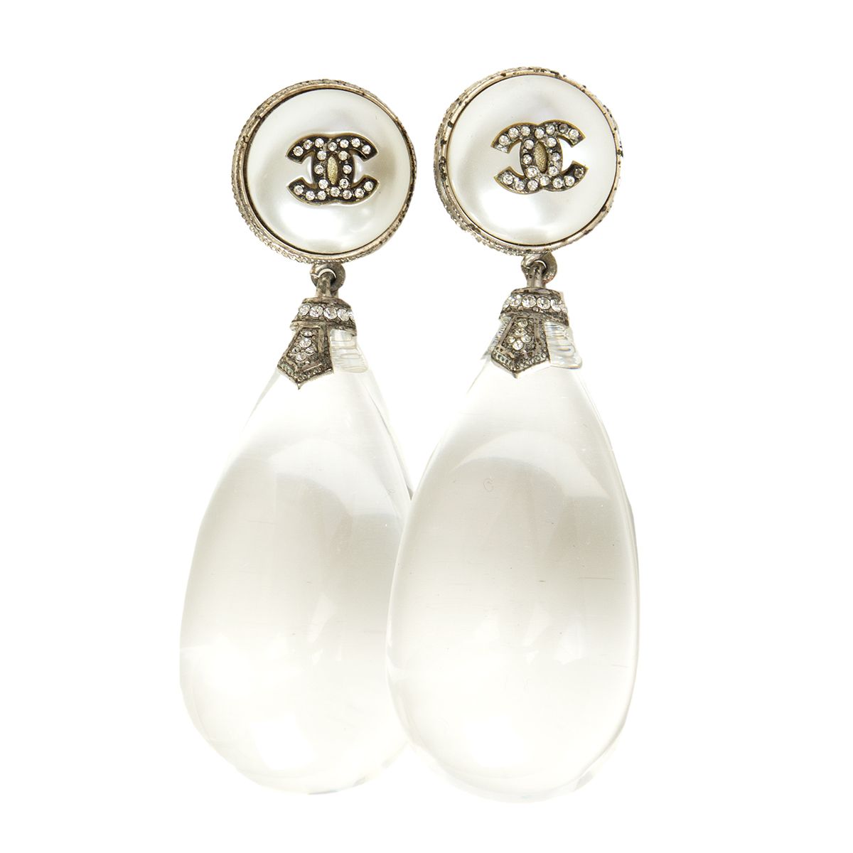Chanel Clear Drop Pearl Clip Earrings