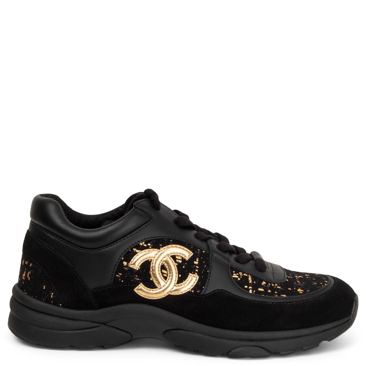 Chanel Tweed Low Top CC Suede Trainer Gold and Black