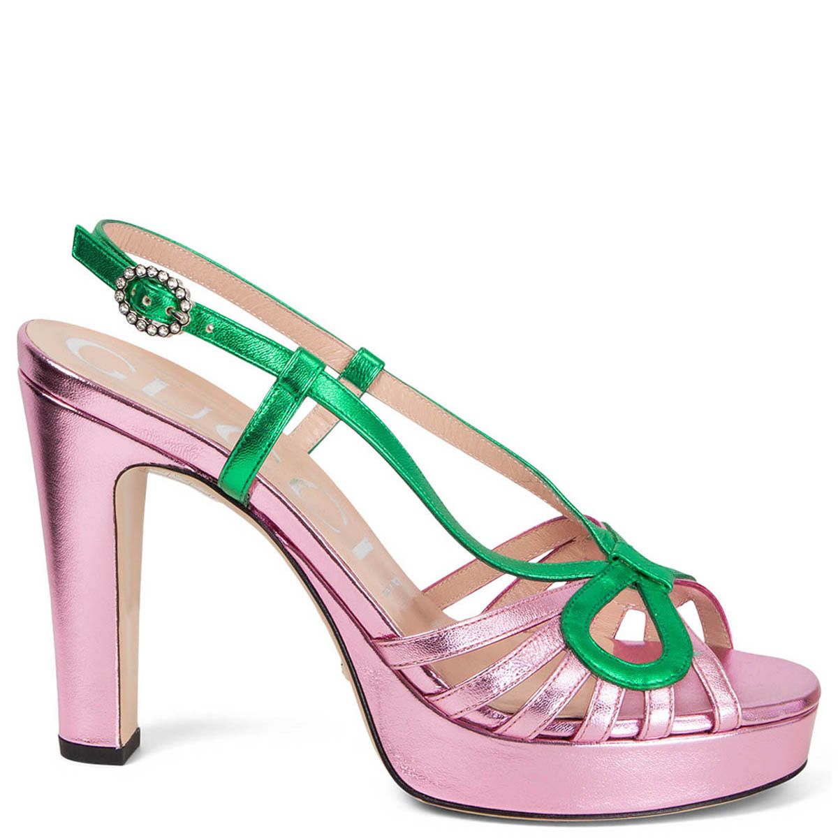Gucci 2018 Zephyra Platform Sandals Metallic Pink Green Leather 38