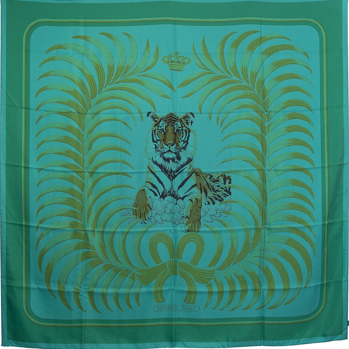 Hermes Tigre Royal 140 Surteint Scarf Green Blue Silk