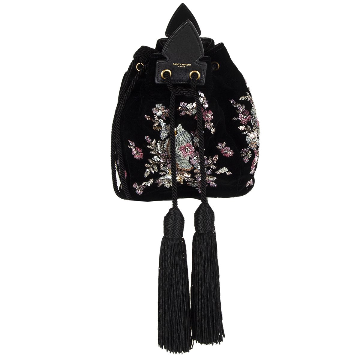 Saint Laurent Velvet Floral Embellished Bucket Shoulder Bag