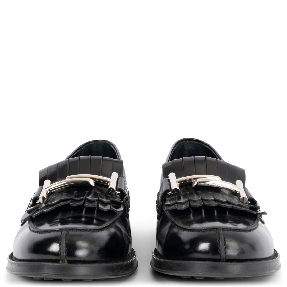 Tod's Double T Moccasin Loafers Black Shiny Leather 41