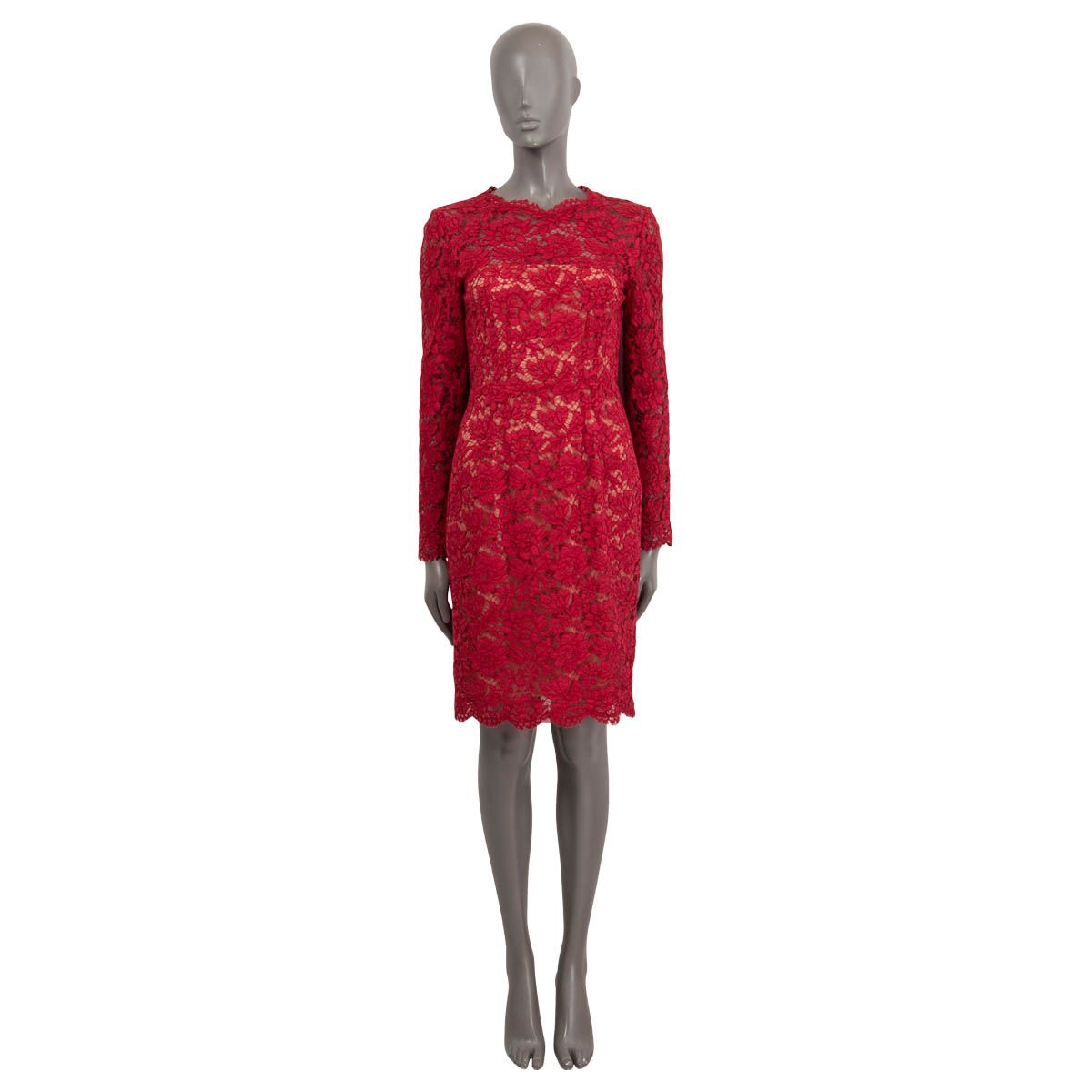 Valentino Floral Giupure Lace Long Sleeve Dress Red Cotton