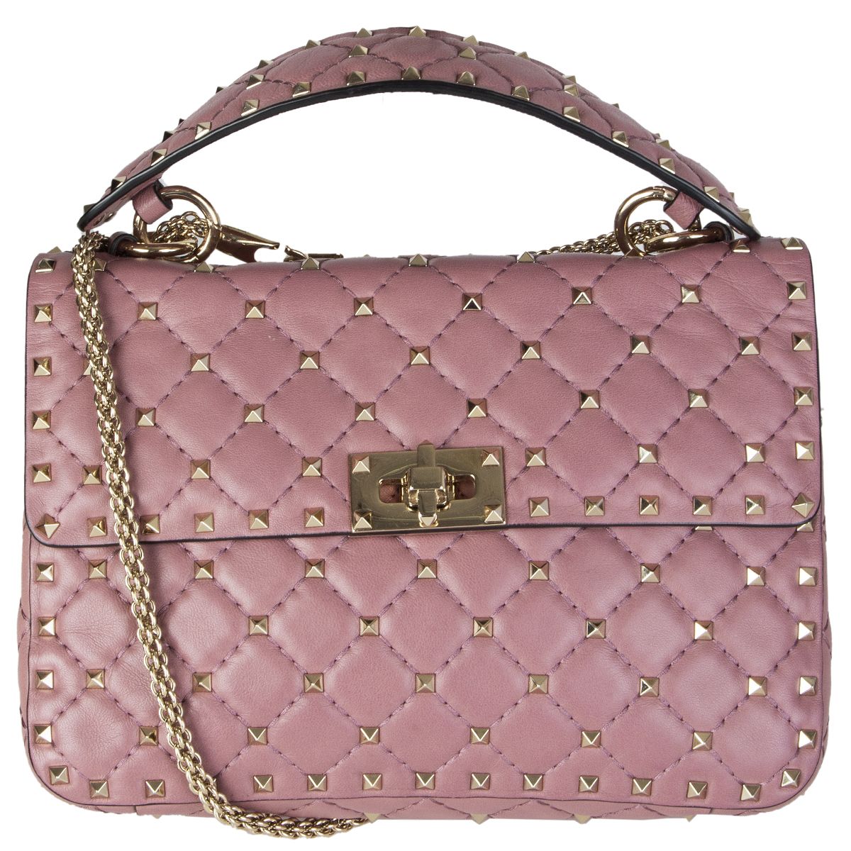 Valentino Metallic Pink Quilted Leather Small Rockstud Spike Top Handle Bag  Valentino