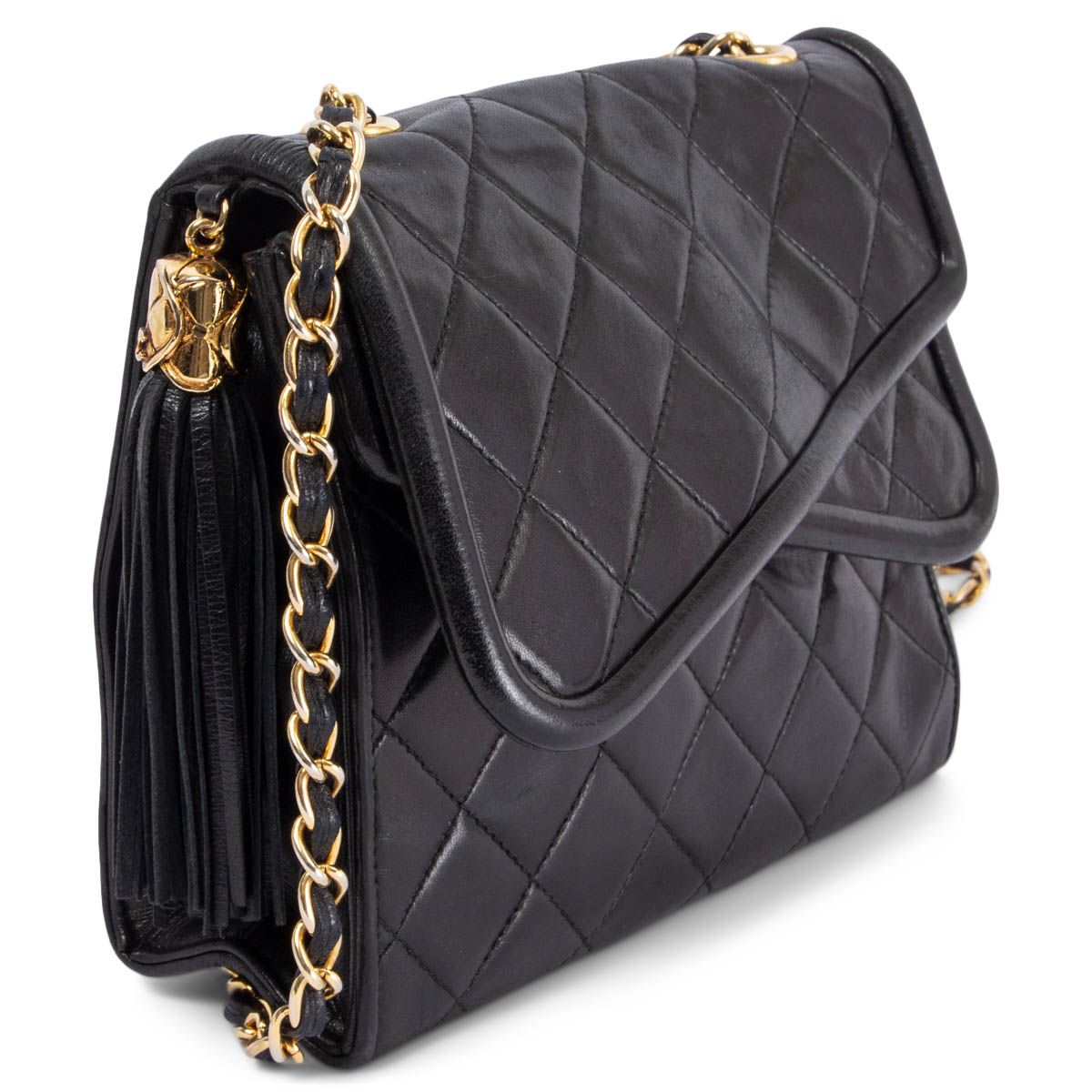 Chanel Crossover Flap Tassel Shoulder Bag Vintage 1989-1991 Black Quilted  Lambskin Leather