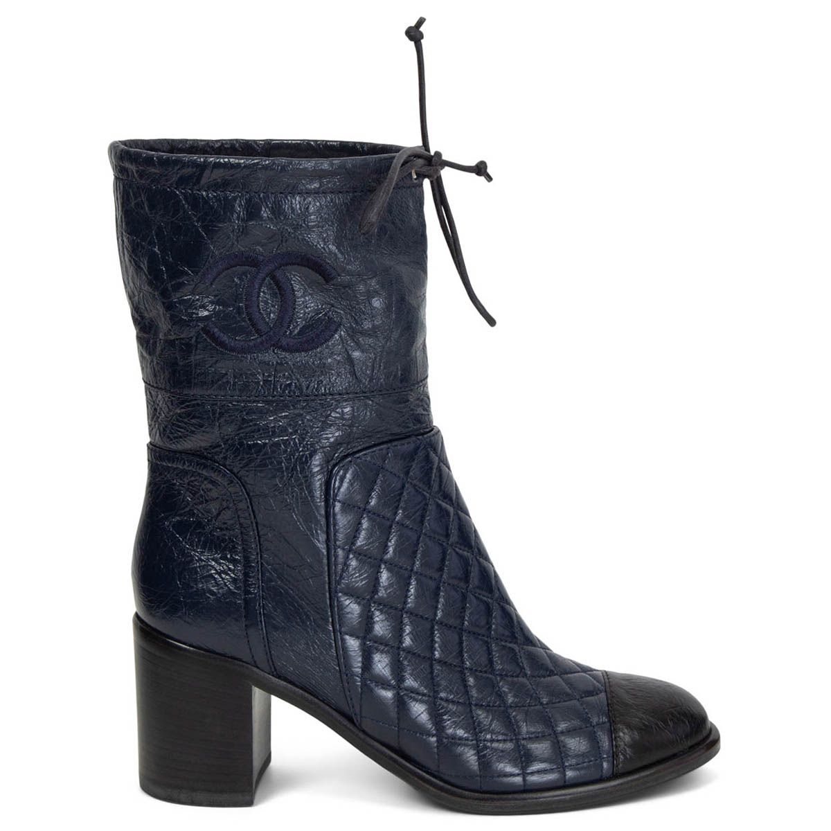 Chanel Quilted Mid Calf Block Boots Navy