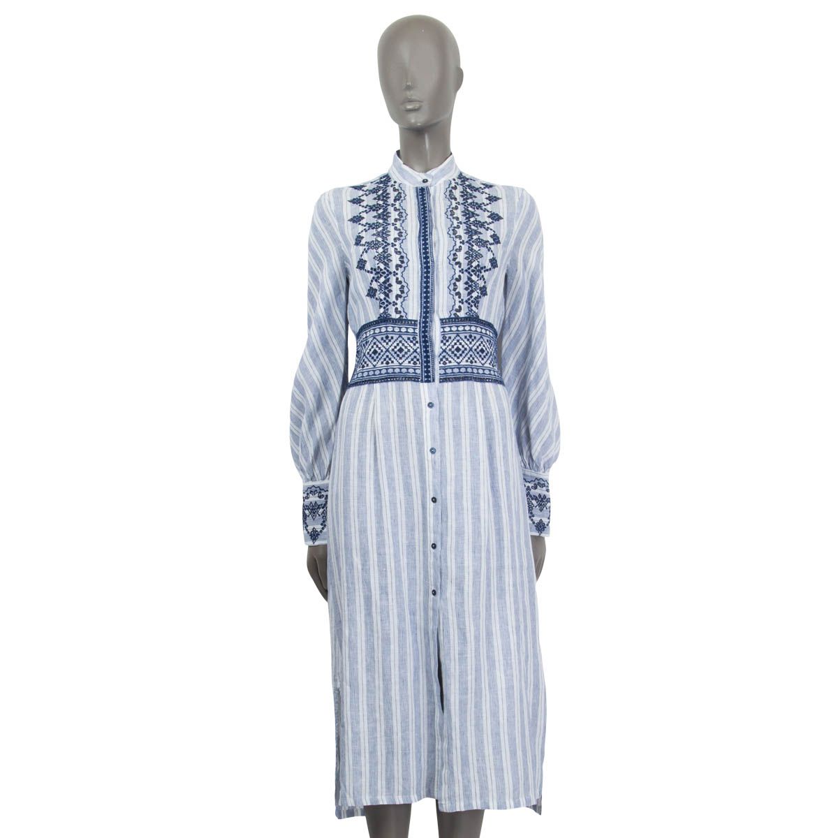 Ermanno Scervino Life Embroidered Long Sleeve Linen Maxi Dress Blue