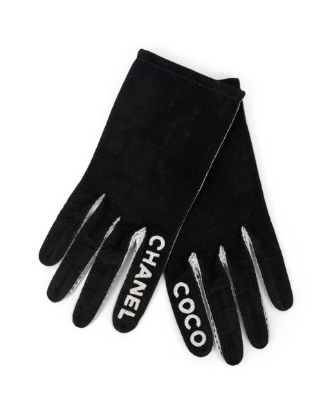 Chanel Coco Chanel Suede & Leather Gloves Black/Silver 7