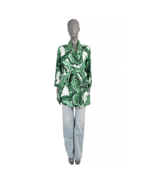 Dolce & Gabbana 2016 Banana Leaf Belted Silk Jacket Green White