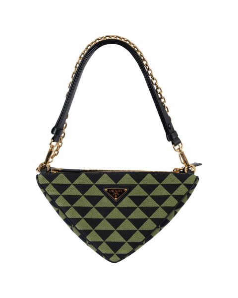 Prada Triangle Mini Shoulder Bag Jacquard Fabric & Leather Nero/Edera 1BC176