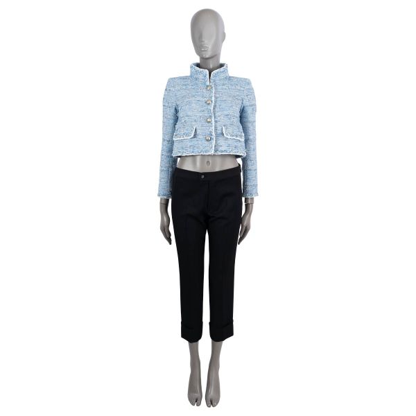 Chanel 2015 Cropped Tweed Jacket Sky Blue White 15P P50997 V38040