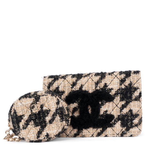 Chanel 2019 Houndstooth Tweed WOC Wallet on Chain w Pouch Beige 19K AP0985 B01668 N5268