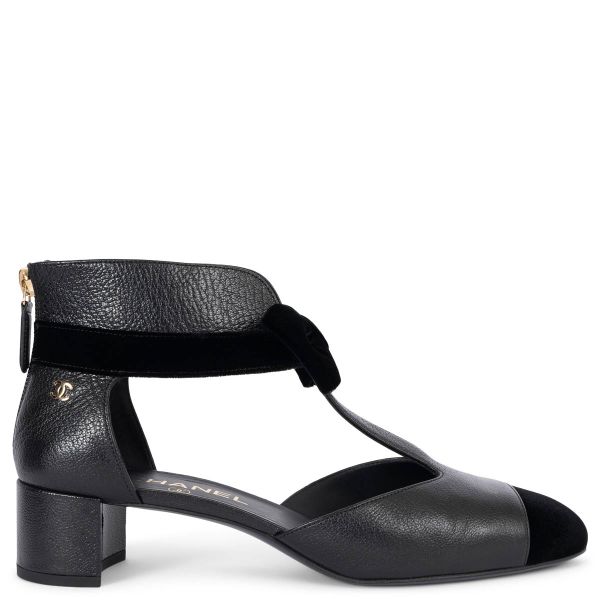 Chanel 2019 Velvet Bow Leather Open Shoes Black 