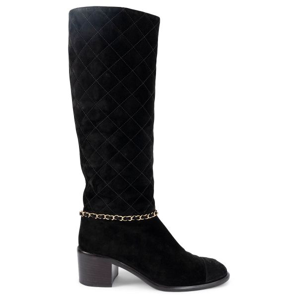 Chanel 2019 Quilted Ankle Chain Suede Knee-High Boots Black 37.5 19B G35090