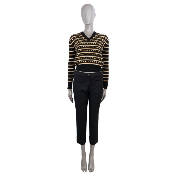 Louis Vuitton 2020 Star Striped V-Neck Wool Sweater Black Beige Gold 1A7T3B