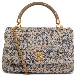 Chanel 2018 Small Coco Tweed Flap Bag with Top Handle Blue and Beige