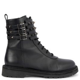 Valentino Garavani Rockstud Buckled Leather Combat Boots Black